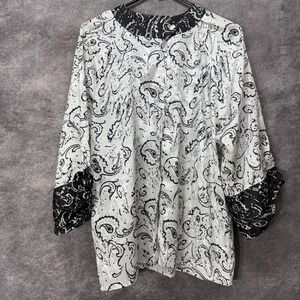 Oscar de la Renta Expressions Button Up Blouse Size 16 White Black Paisley Satin